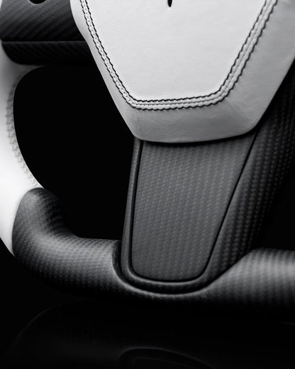 TESLA MODEL 3 / Y WHITE LEATHER FLAT BOTTOM STORMTROOPER DRY CARBON STEERING WHEEL