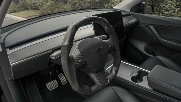 Sixth Element TESLA MODEL Y / MODEL 3 ALCANTARA FLAT BOTTOM VANTABLACK DRY CARBON STEERING WHEEL