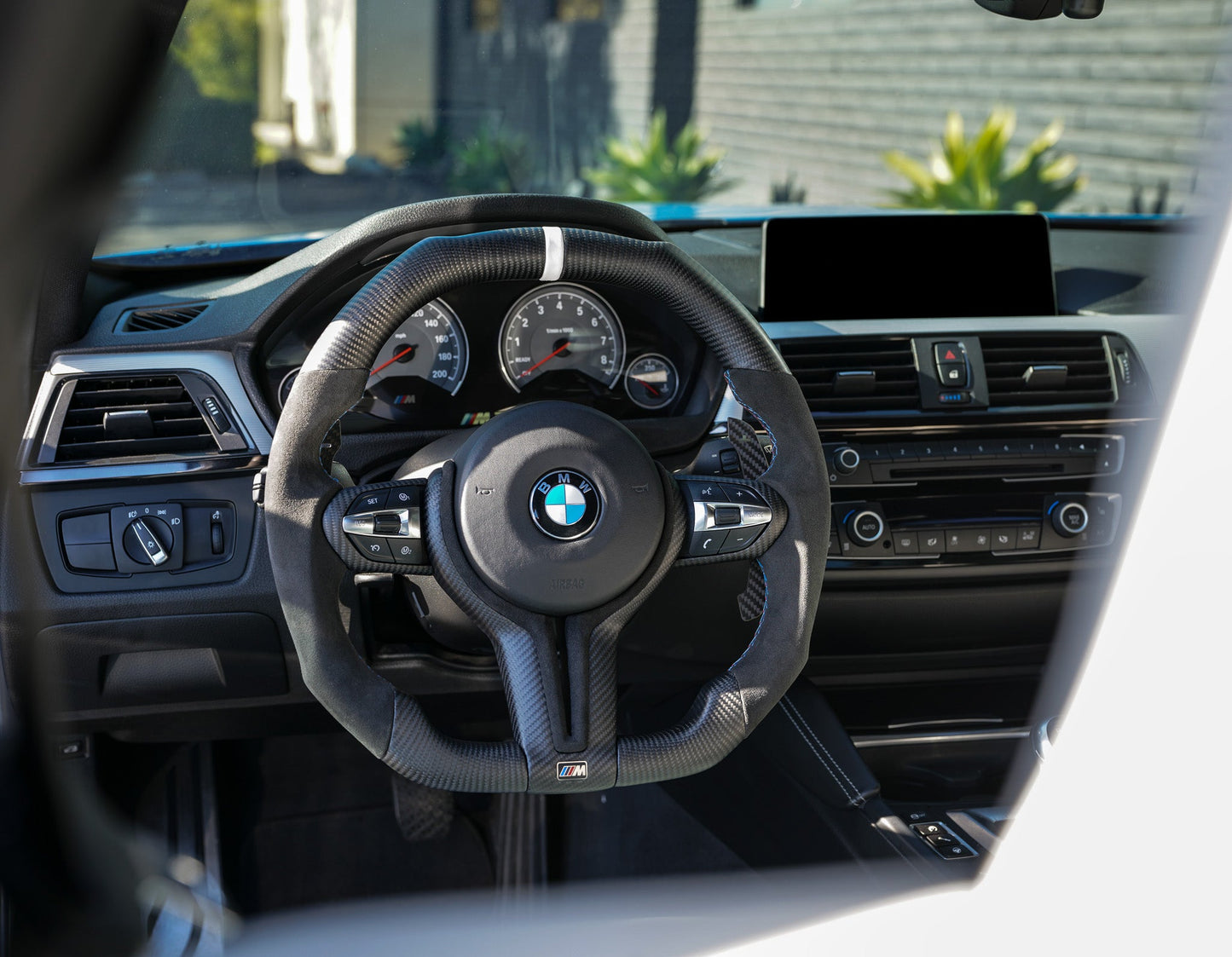 BMW Alcantara Flat Bottom White Stripe Dry Carbon Fiber Steering Wheel for F Chassis- iCBL's Signature Design for F30 F32 F80 F82 M3 M4 M2 335i 340i 328i 440i 435i
