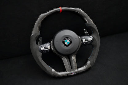 BMW Alcantara Flat Bottom Gloss Carbon Fiber Steering Wheel for F Chassis- iCBL's Signature Design for F30 F32 F80 F82 M3 M4 M2 335i 340i 328i 440i 435i