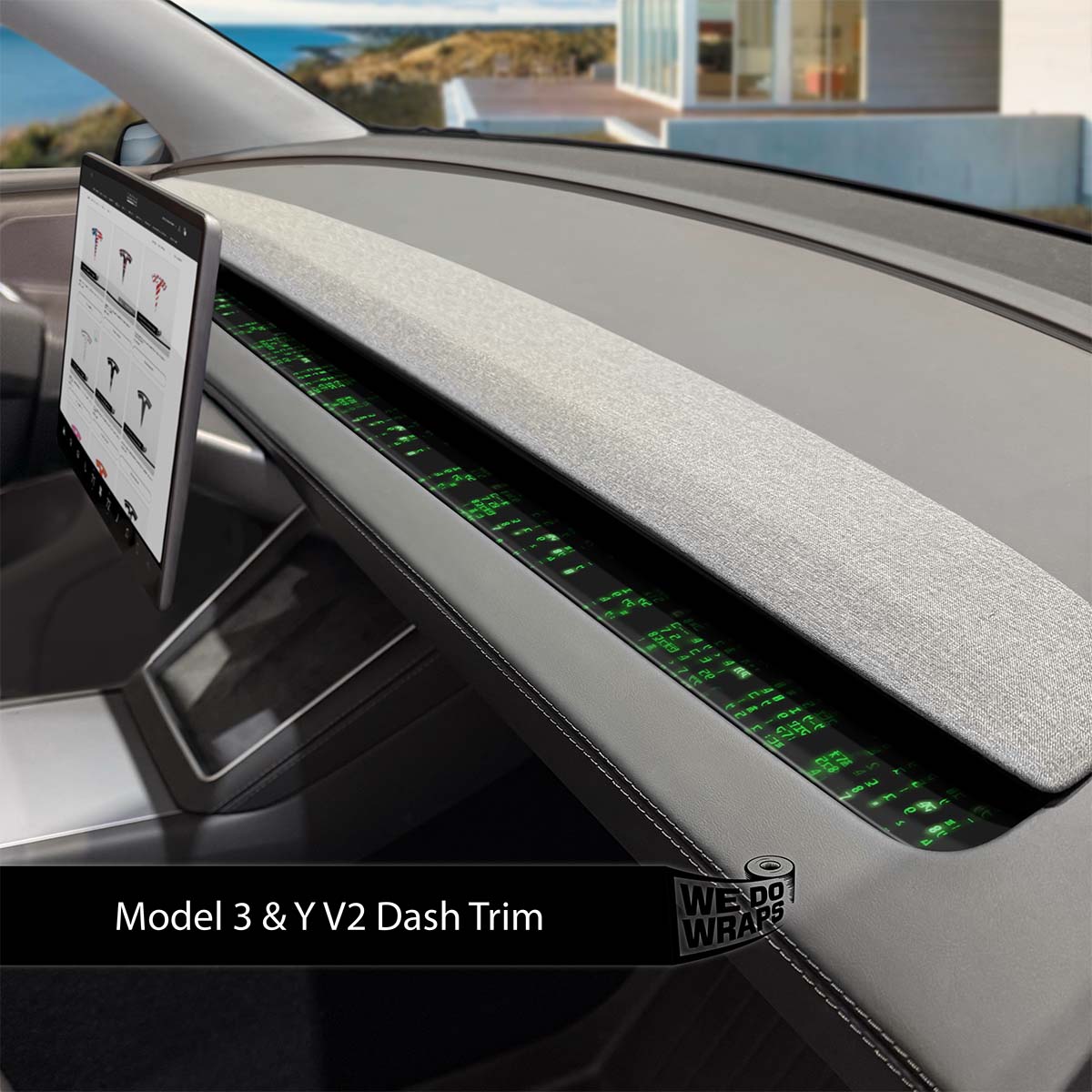 Digital Rain Tesla Dash Trim Wrap | Model Y 2026