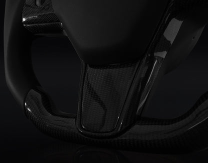 TESLA MODEL 3 / Y BLACK LEATHER FLAT BOTTOM VANTABLACK GLOSS CARBON STEERING WHEEL