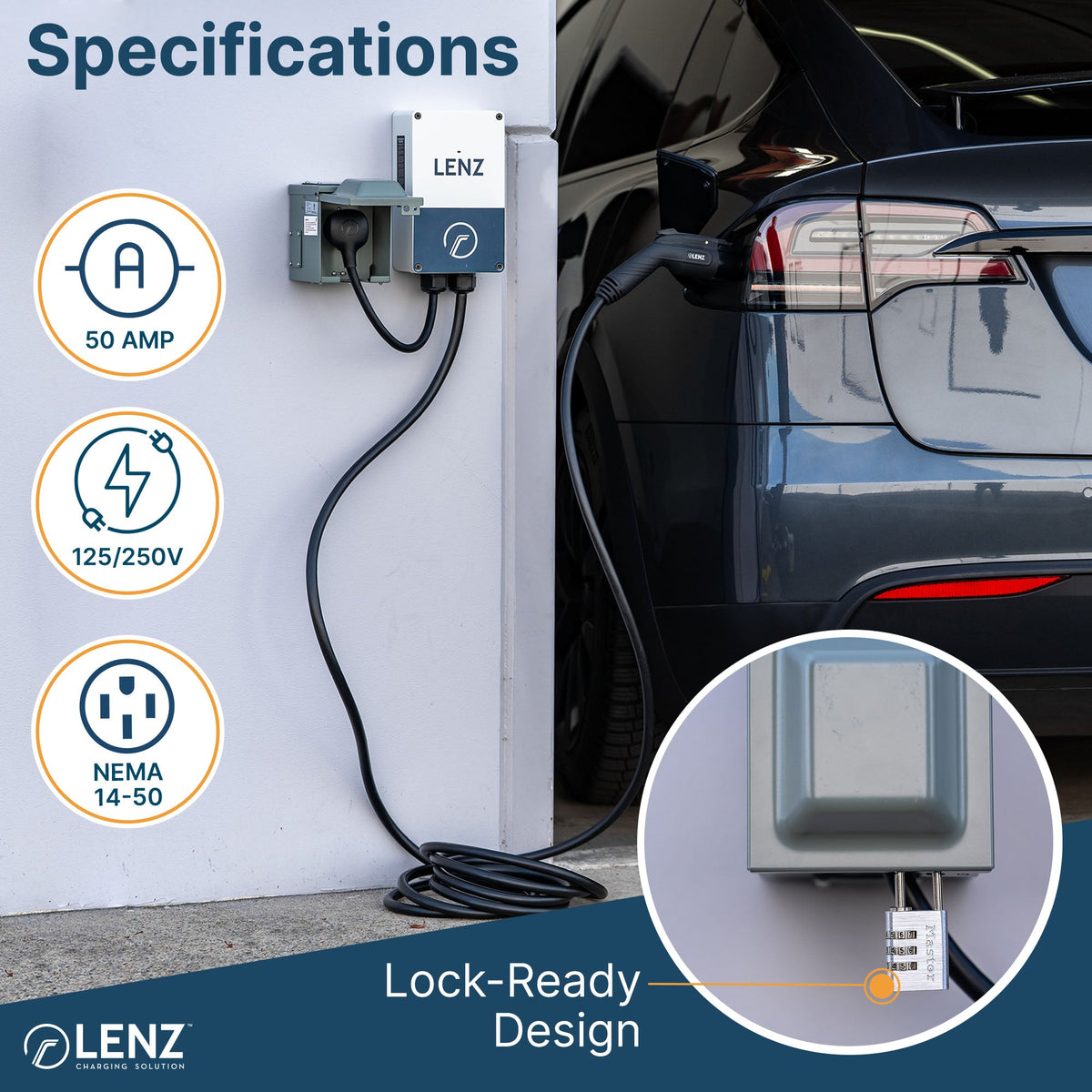 Heavy Duty 50A 14-50R Outlet (HD rated for EV Charging) with Weatherproof Receptacle Box Bundle: LENZ Heavy Duty 50 Amp 14-50R UL-Compliant Receptacle Outlet + Weatherproof Lockable Receptacle Box + HD Coverplate (Collective))