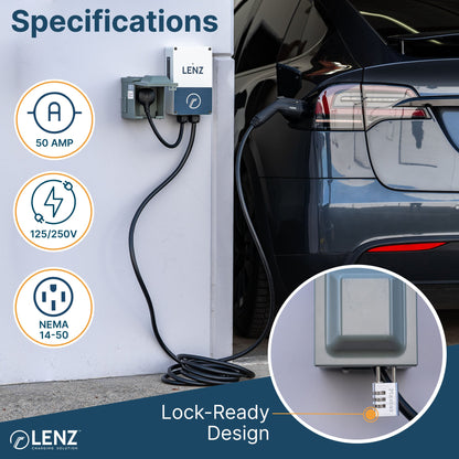 Heavy Duty 50A 14-50R Outlet (HD rated for EV Charging) with Weatherproof Receptacle Box Bundle: LENZ Heavy Duty 50 Amp 14-50R UL-Compliant Receptacle Outlet + Weatherproof Lockable Receptacle Box + HD Coverplate (Collective))