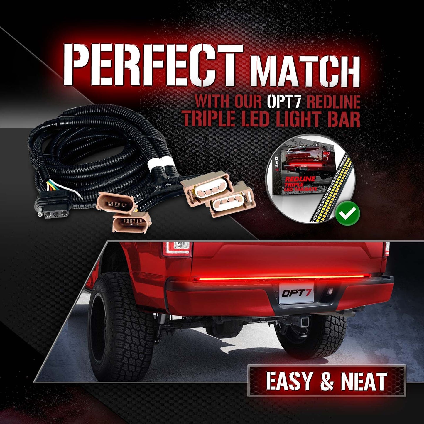OPT7 Redline Parlux Triple Tailgate Light Bar 60" Bundle for Ford F150 15-18 Easy Connect Harness