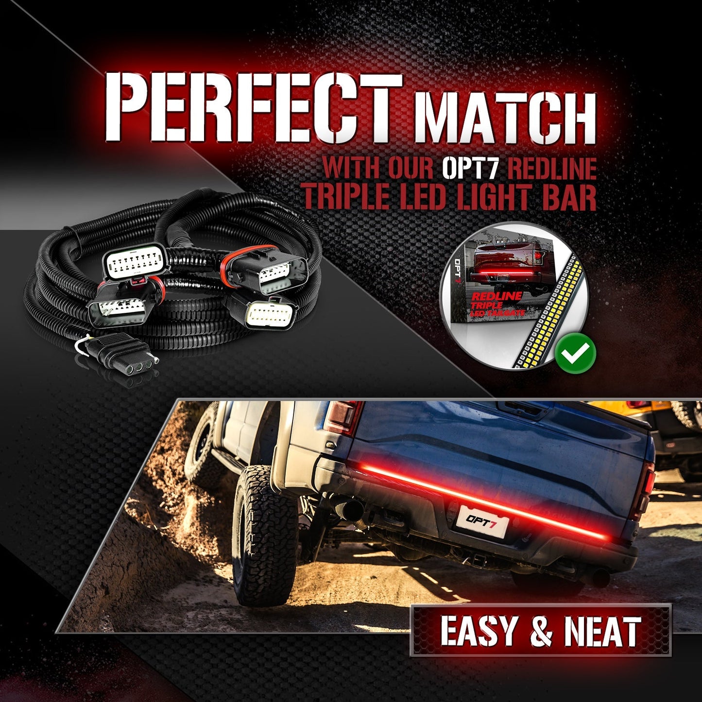 OPT7 Redline Parlux Triple Tailgate Light Bar 60" Bundle for Ford F150 15-20 with Blind Spot Easy Connect Harness and Tailgate Light Bar Magnets
