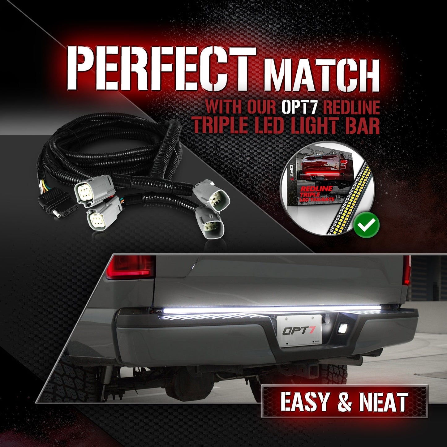 OPT7 Redline Parlux Triple Tailgate Light Bar 60" Bundle for Ford F150 18-20 Easy Connect Harness