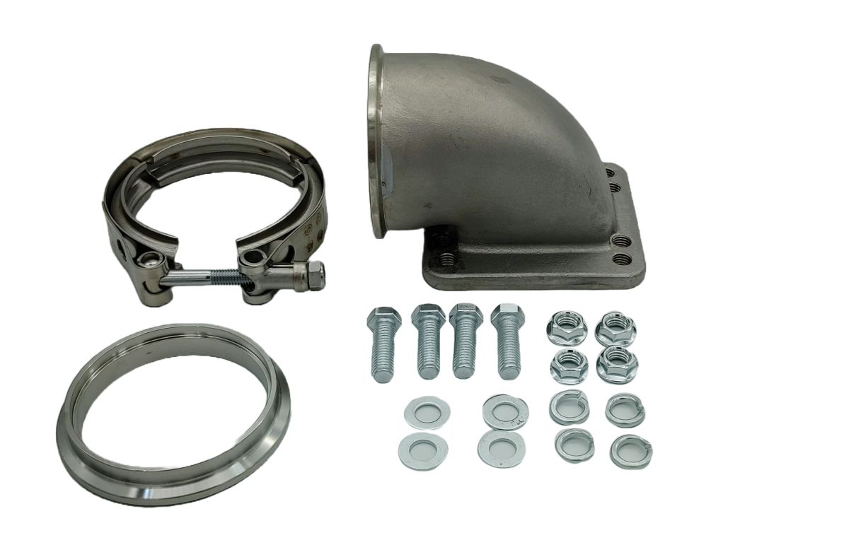 Granatelli Motor Sports Turbo Adapter, 90^ Cast Elbow. 3.0" V-Band to T3/T4 Housing, Threaded
