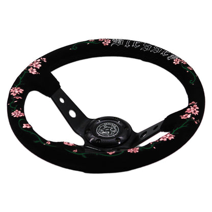 Blessed Universal 350mm 3" Deep Dish 6-Bolt Steering Wheel Red Suede Alcantara