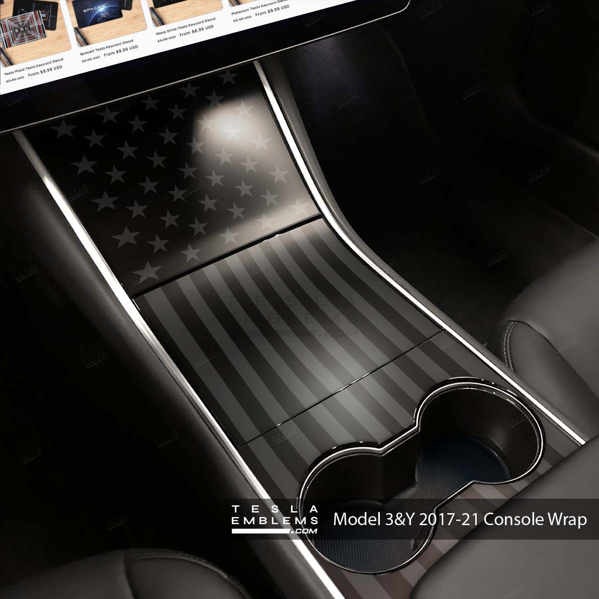 Ghost Black Patriot American Flag | Tesla Center Console Wrap Kit | Model 3 ’17-20