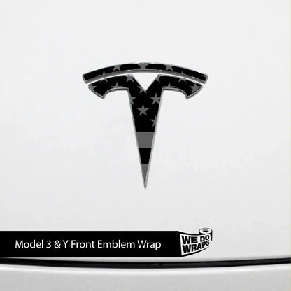 Ghost Black Patriot Flag Tesla Emblem Decals (Front + Back) | Model Y