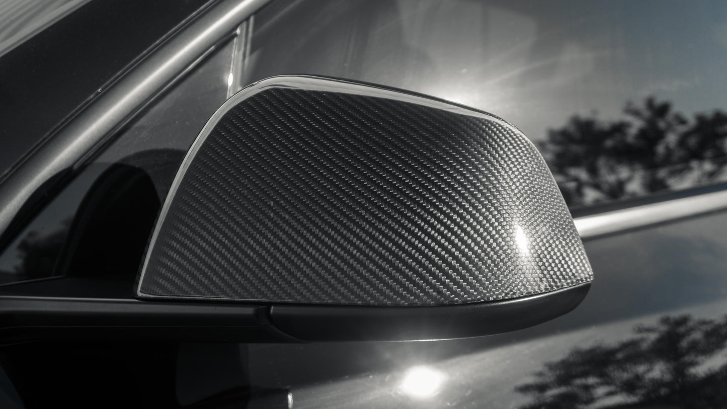 TESLA MODEL Y JUNIPER REAL CARBON FIBER SIDE REARVIEW MIRROR CAP COVERS IN MATTE & GLOSS