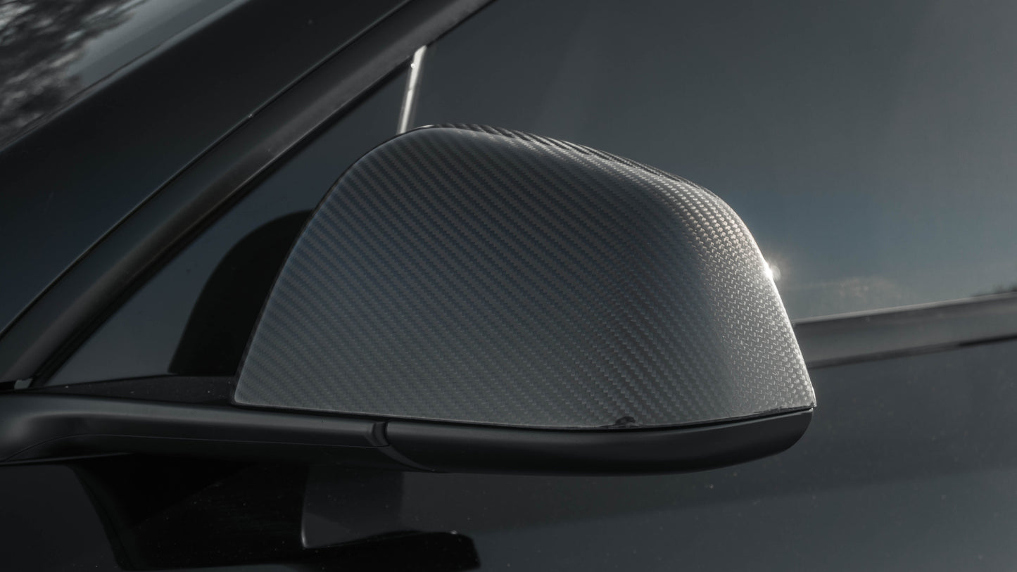 TESLA MODEL Y JUNIPER REAL CARBON FIBER SIDE REARVIEW MIRROR CAP COVERS IN MATTE & GLOSS