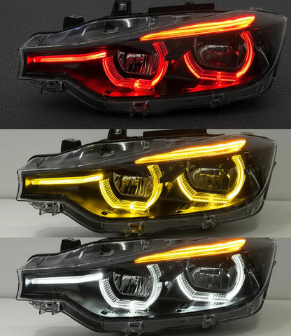 BMW 3 Series F30 / F31 / F35 V3 Smoked Triple-Color LED Headlight Assembly (White / Yellow / Red DRL) 2012 - 2018 (Replaces 63117314531)