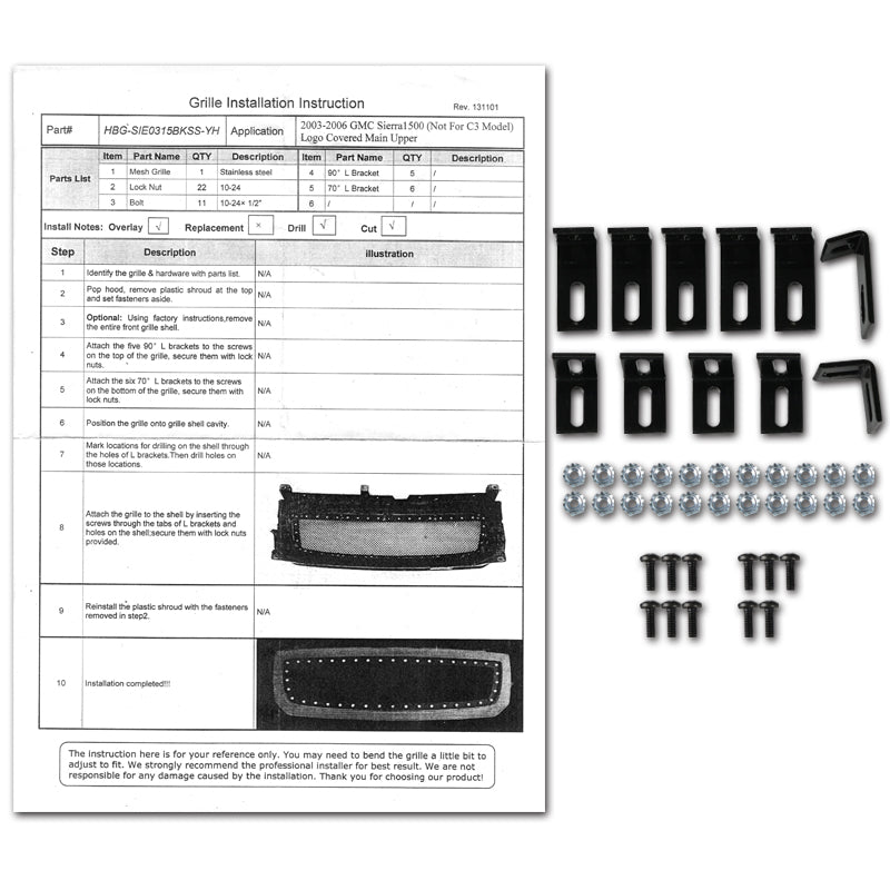 2003-2006 GMC Sierra 1500 Rivet Style Black Stainless Steel Mesh Grille Insert