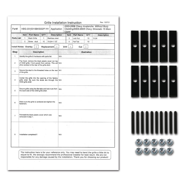2003-2006 Chevrolet Silverado/Avalanche Rivet Style Black Stainless Steel 2PC Mesh Grille Insert