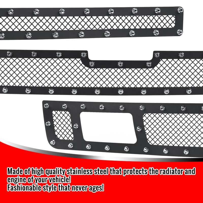 2007-2013 Chevrolet Silverado 1500/1500HD Rivet Style Black Stainless Steel 3PC Mesh Grille insert