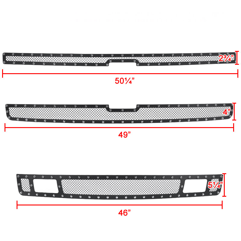 2007-2013 Chevrolet Silverado 1500/1500HD Rivet Style Black Stainless Steel 3PC Mesh Grille insert