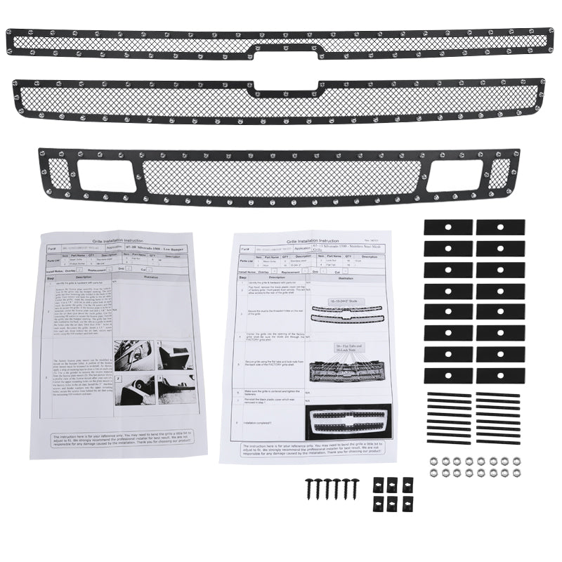 2007-2013 Chevrolet Silverado 1500/1500HD Rivet Style Black Stainless Steel 3PC Mesh Grille insert