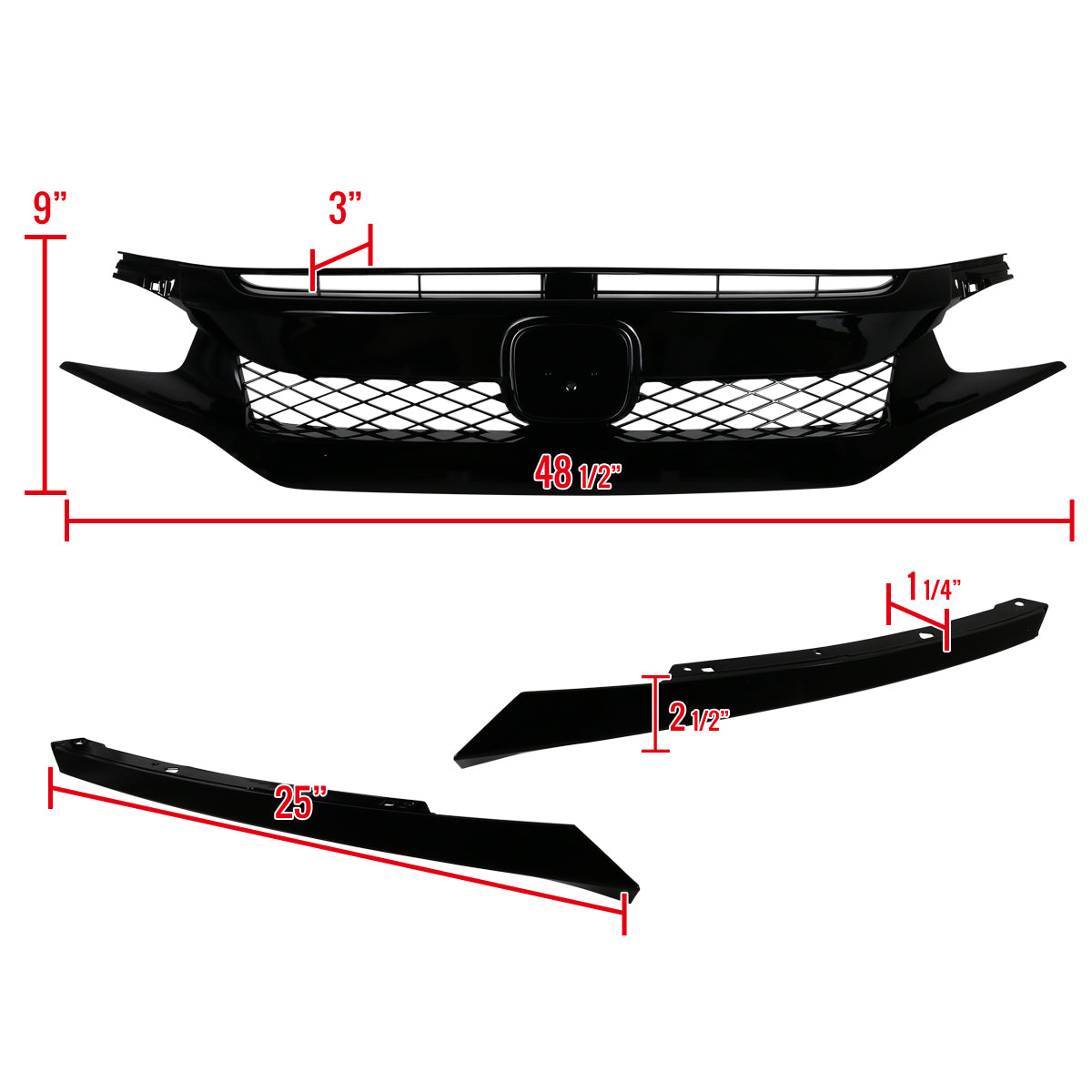 2016-2018 Honda Civic FK8 TR Style Glossy Black ABS Mesh Grille w/ Eyebrows
