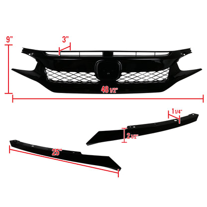 2016-2018 Honda Civic FK8 TR Style Glossy Black ABS Mesh Grille w/ Eyebrows