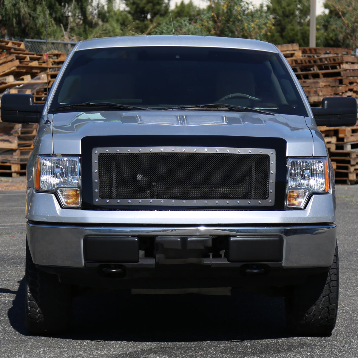 2009-2014 Ford F-150 Glossy Black ABS Rivet Style Grille w/ Stainless Steel Mesh