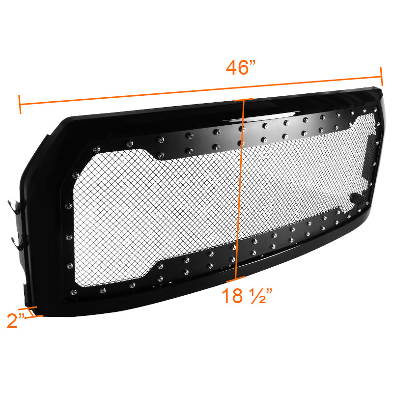 2015-2017 Ford F-150 Glossy Black ABS Rivet Style Grille w/ Stainless Steel Mesh