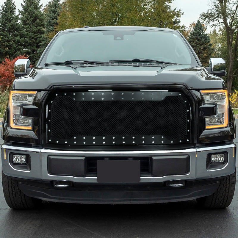 2015-2017 Ford F-150 Glossy Black ABS Rivet Style Grille w/ Stainless Steel Mesh