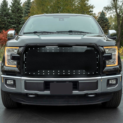 2015-2017 Ford F-150 Glossy Black ABS Rivet Style Grille w/ Stainless Steel Mesh