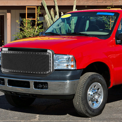 2005-2007 Ford F-250/F-350/F-450/F-550/Excursion Black ABS Rivet Style Grille w/ Stainless Steel Mesh