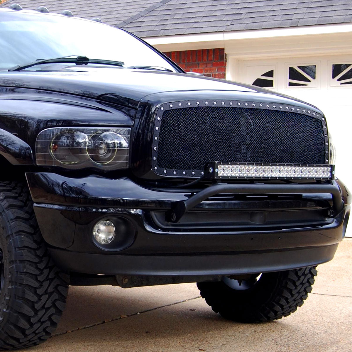 2002-2005 Dodge RAM 1500/ 2003-2005 RAM 2500/3500 Glossy Black 1PC Rivet Mesh Style Front Grille