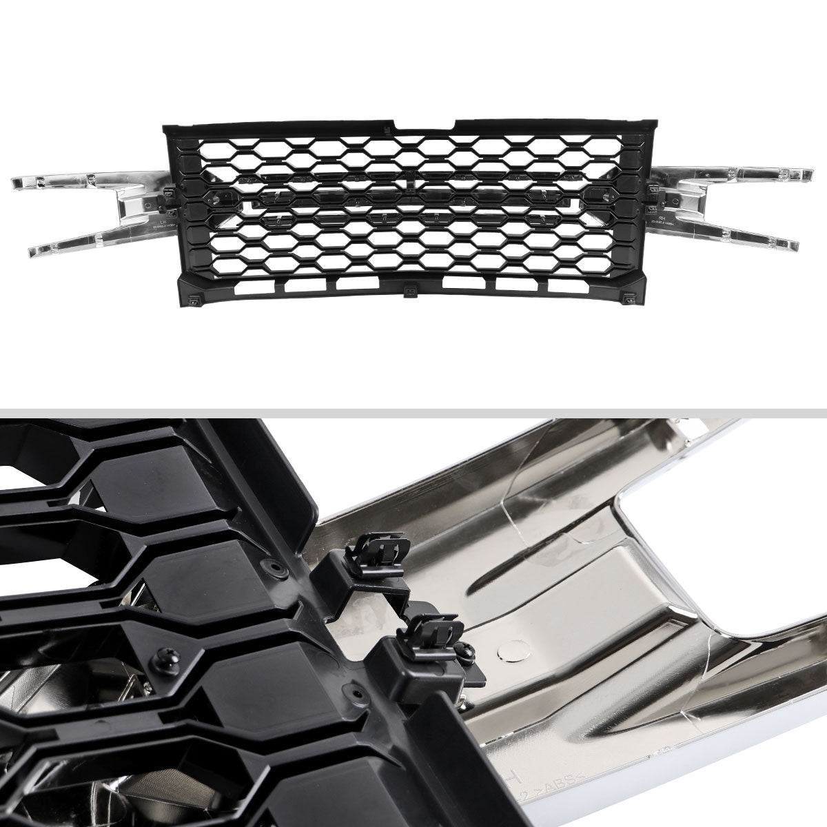 2019-2022 Chevrolet Silverado 1500 LT Glossy Black Honeycomb Hood Grille w/ Chrome Trim
