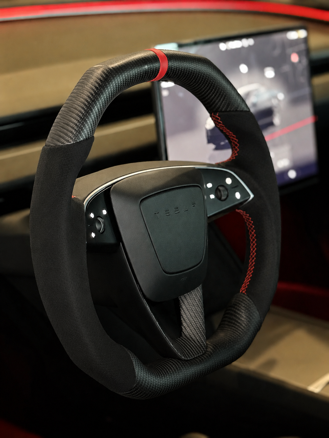 TESLA MODEL 3 HIGHLAND ALCANTARA FLAT BOTTOM SUPERNOVA GLOSS CARBON STEERING WHEEL
