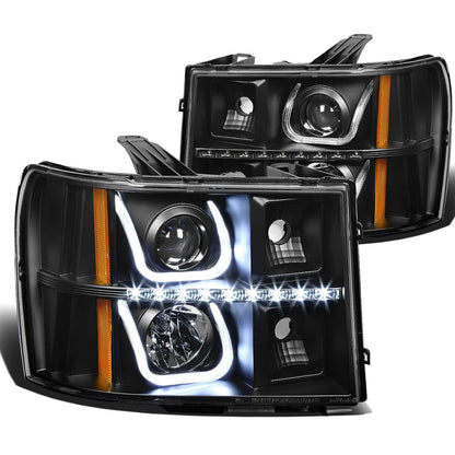 07-13 GMC Sierra LED U-Bar Halo Projector Headlights Black Housing