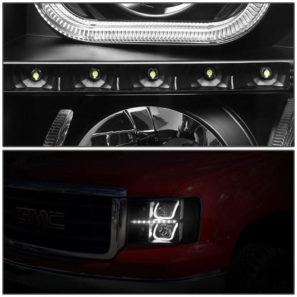 2007-2013 GMC Sierra LED U-Bar Halo Projector Headlights Black