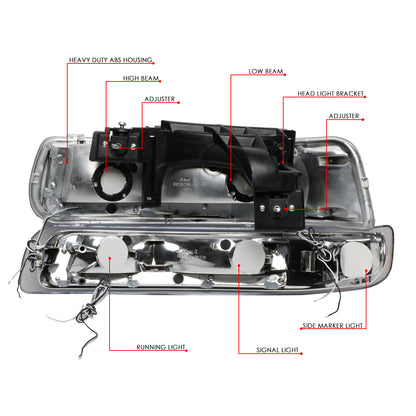 99-02 Chevy TAHOE SUBURBAN Silverado 1500 2500 HD Headlight & Bumper Lamps Chrome