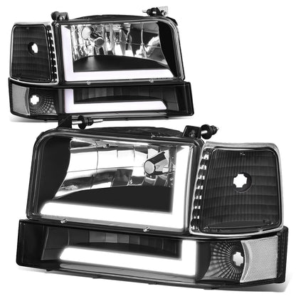 92-96 Ford F-150 F-250 F-350 Bronco Dual LED DRL Headlights Black