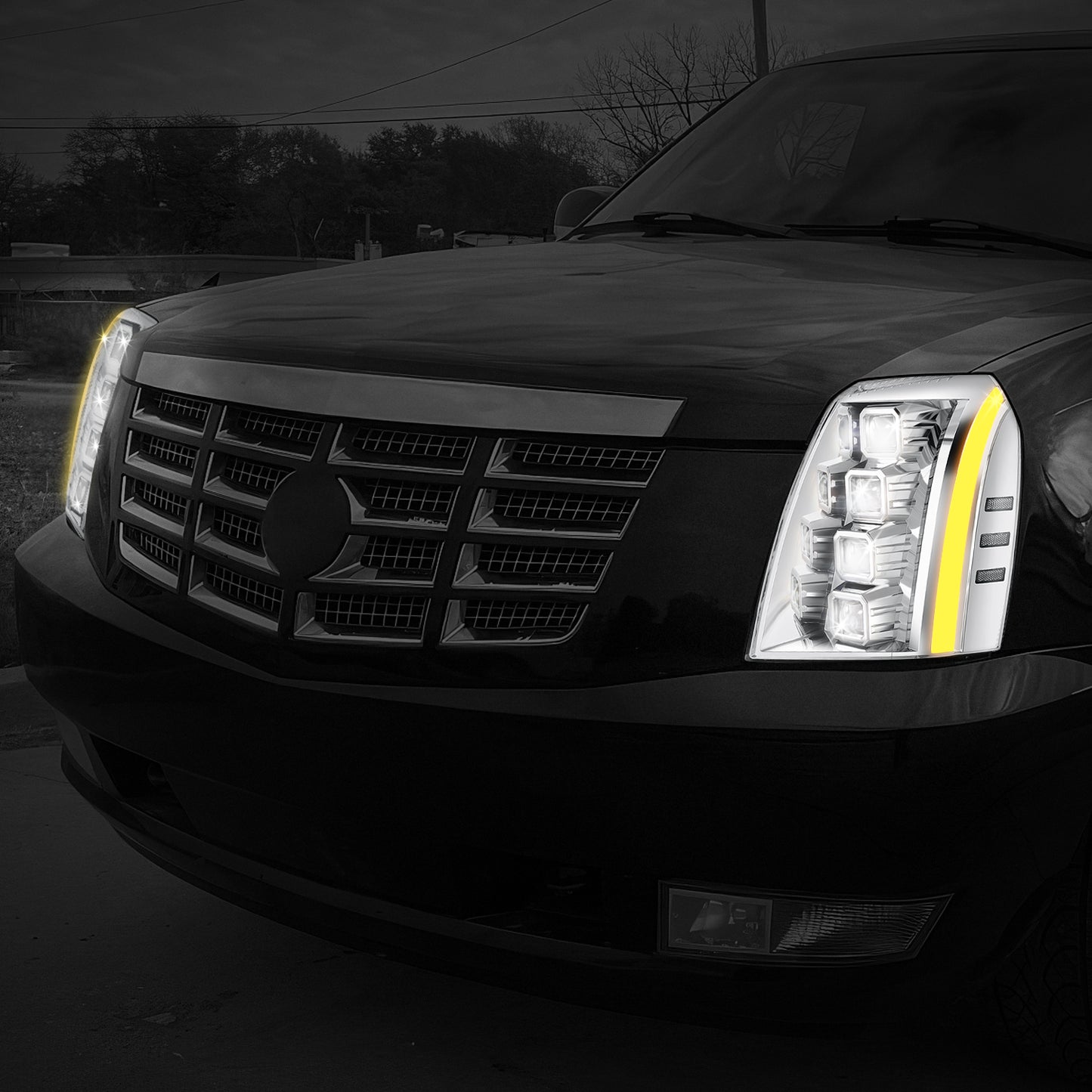 07-14 Escalade ESV EXT Quad Projector Headlights Chrome Switchback LED DRL