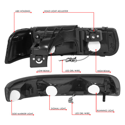 99-02 Silverado 00-06 Tahoe Headlight+Bumper Lamps Black/Smoked