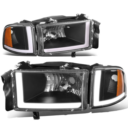 94-02 Dodge Ram LED DRL Headlights - Black Housing Amber Corner