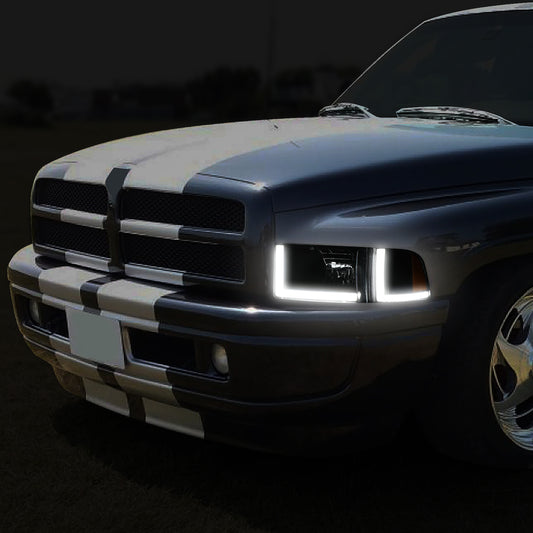 94-02 DODGE RAM 1500 2500 3500 HEADLIGHTS BLACK/AMBER DUAL L-SHAPED LED DRL