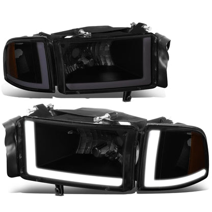 94-02 Dodge Ram LED DRL Headlights Black Housing Smoke Lens