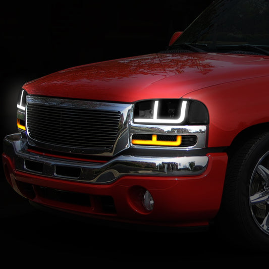 99-07 GMC SIERRA HEADLIGHTS BLACK/SMOKED SWITCHBACK F-LED DRL TURN SIGNAL