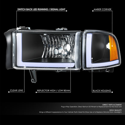 94-02 Dodge Ram 1500-3500 Headlights Black/Amber Switchback Dual L-LED DRL