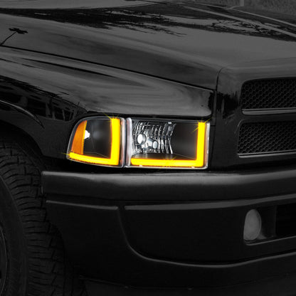 94-02 Dodge Ram 1500-3500 Headlights Black/Amber Switchback Dual L-LED DRL