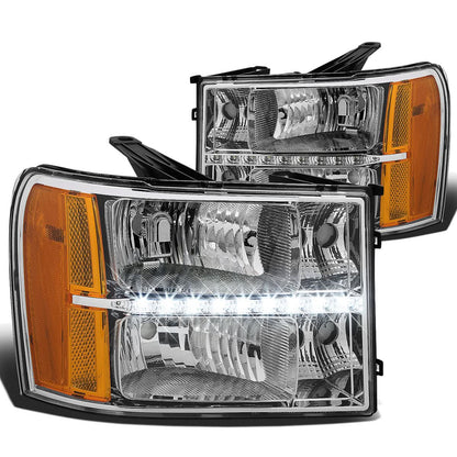 2007-2014 GMC Sierra LED DRL Headlights Chrome Housing Amber Corner