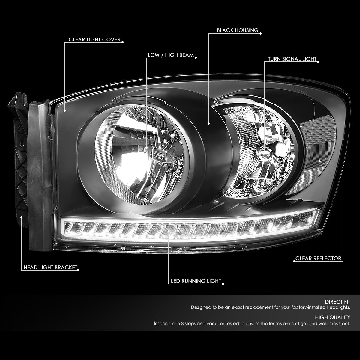 06-09 DODGE RAM 1500 2500 3500 LED DRL HEADLIGHTS BLACK/CLEAR