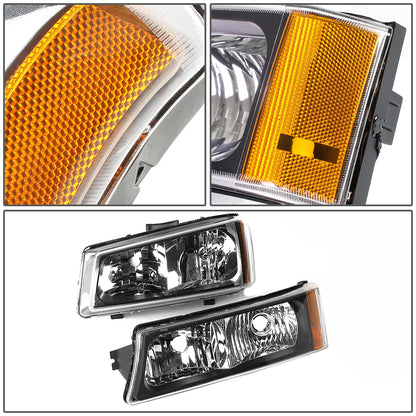 03-06 Chevy Silverado 1500-3500 Avalanche Headlight Bumper Lamps Black Pair