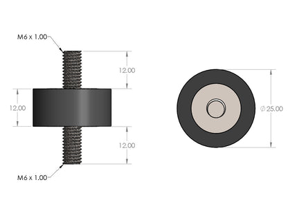 HPS Performance Products HPS M6 Rubber Vibration Mount, 1/2" Tall, Male to Male HW-RM6-050