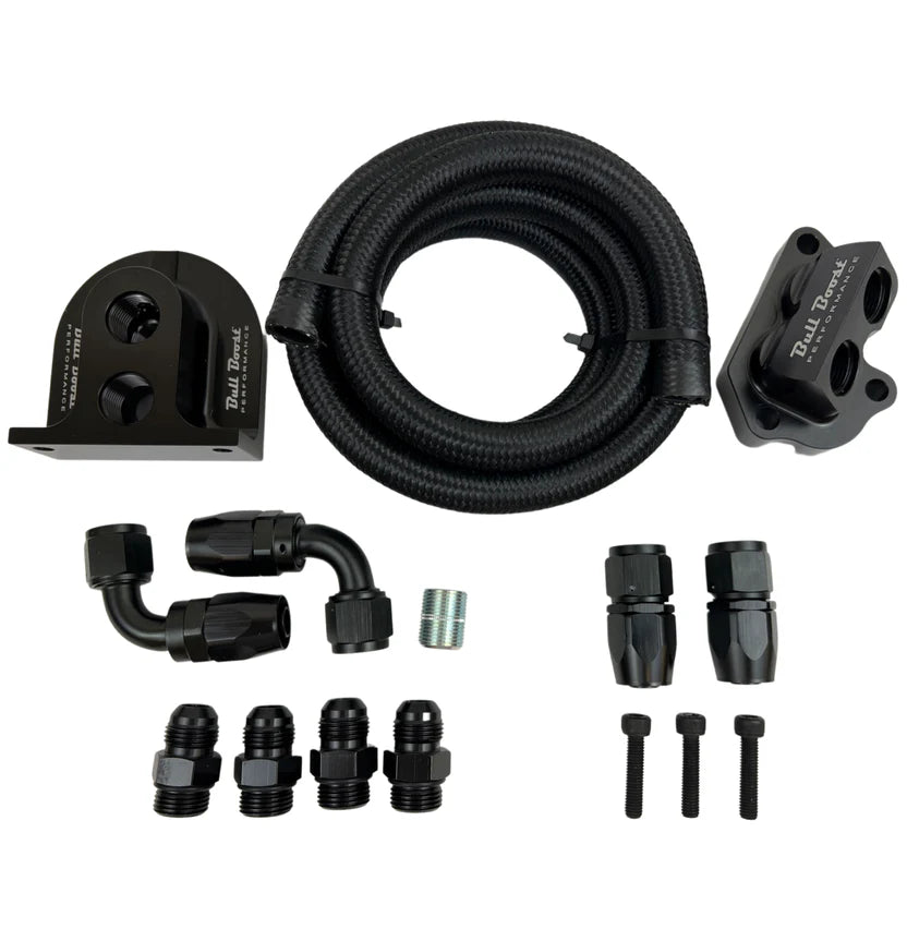 BULL BOOST Ford Coyote Oil Filter Relocation Kit – 5.0 / 5.2 Mustang GT / F-150 / GT350 / GT500